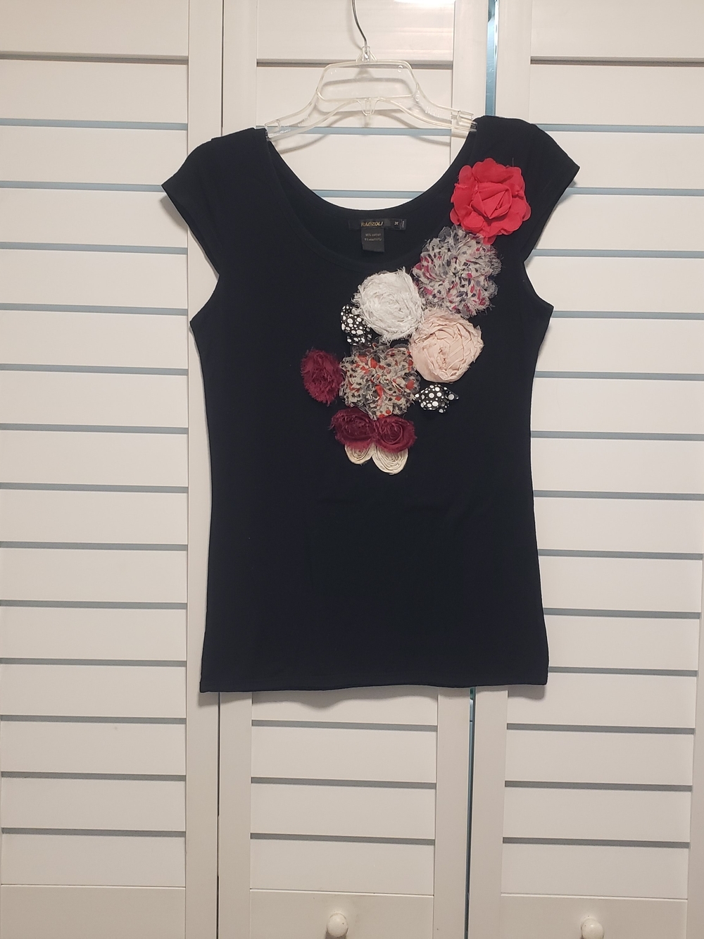 Radzoli Black Short Sleeve Top with Floral Appliques